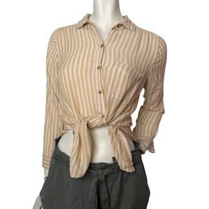 American Eagle Striped Button Down Top 100% Viscose Yellow Cream Lightweight S